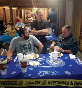 From left, Darrell Ring, youth minister at Enid, Calvary, Brian Frable, pastor of Ringwood, First and Steve Williams, pastor of Enid, Calvary, visit during lunch.
