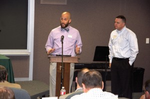 Cameron Whaley, pastor of Yukon, Canadian Valley, offers a devotional at the May 20 board meeting reflecting on God’s provision after the Moore tornado.