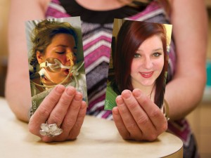Stacy Balch holds two photos of her daughter Morgan. Left shows her hospitalized after a reaction to meth. Photo on the right shows her today, having accepted Christ and becoming drug free after coming to the Ministries of Jesus (MOJ). (Photo: Jonathan Burkhart)